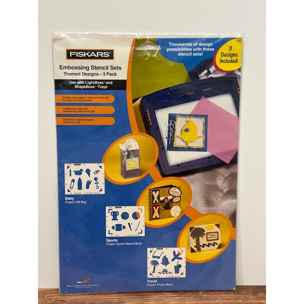 FISKARS EMBOSSING STENCIL SETS BABY SPORTS & TRAVEL FOR LIGHTBOSS & SHAPEBOSS